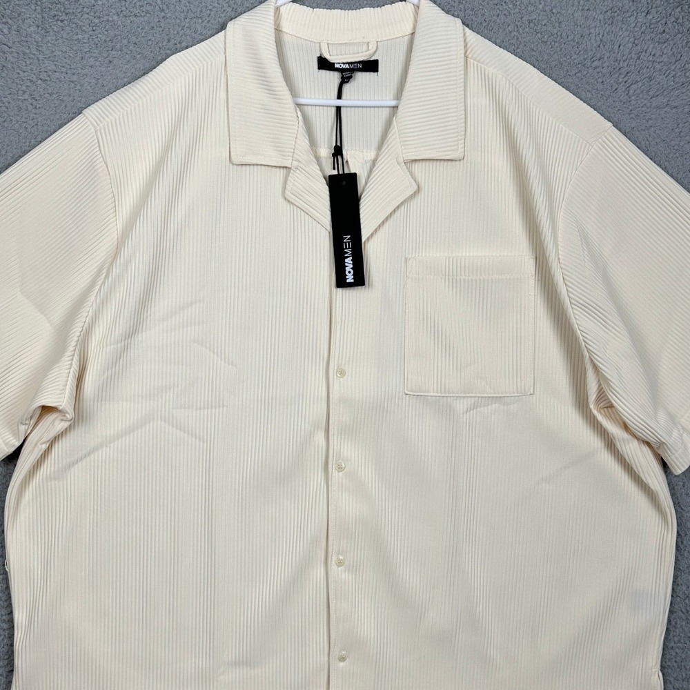 NEW Nova Men Shirt Mens 3XL Off White Cream Show Up Cuban Short Sleeve Stretch